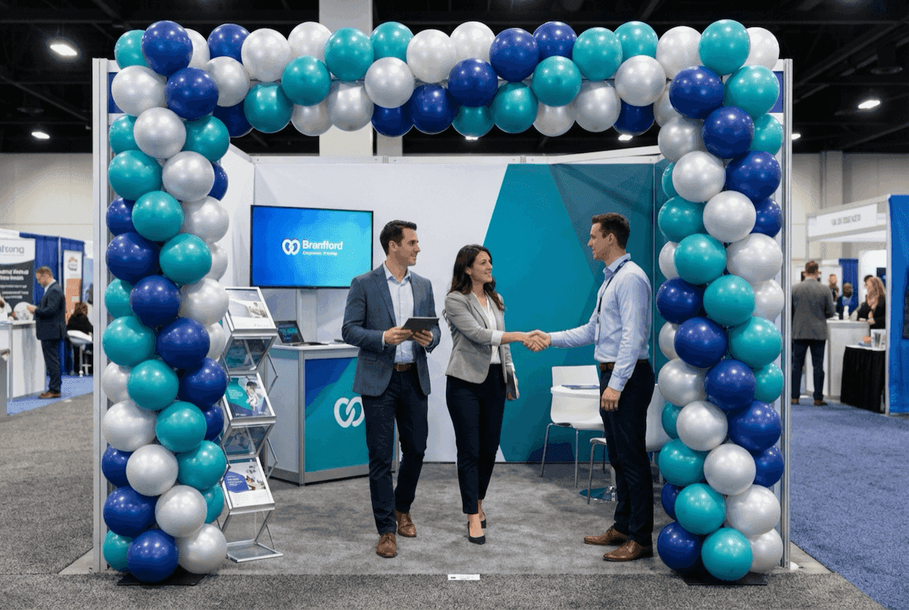 Balloon wall in company colours used as a photo wall during a product launch at the Málaga marina