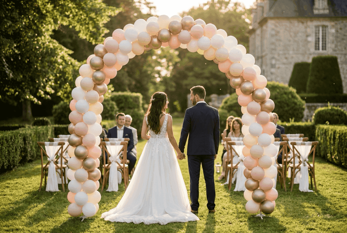 Pastel balloon arch above a bride and groom in a garden by a country house