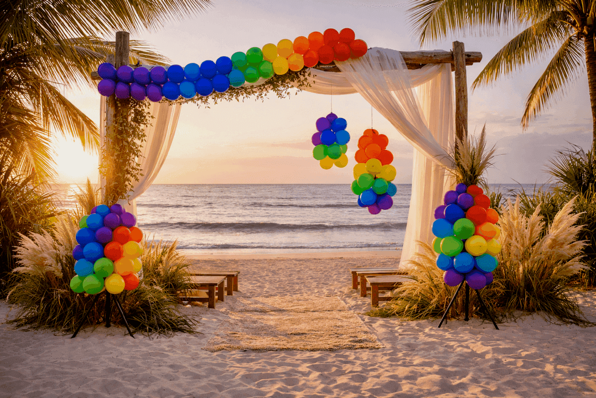 Golden balloon pillars at a festive beach set-up