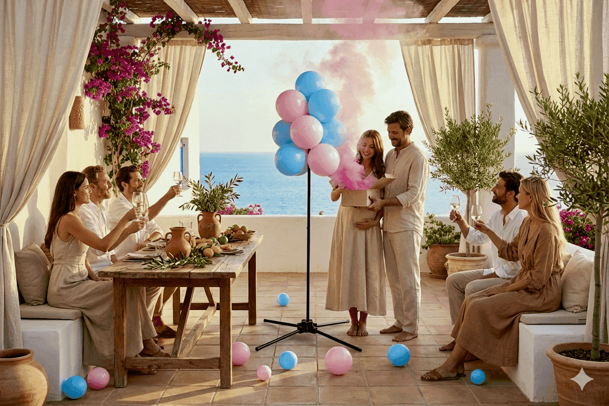 Gender reveal balloon fountain on the beach, ready for the reveal