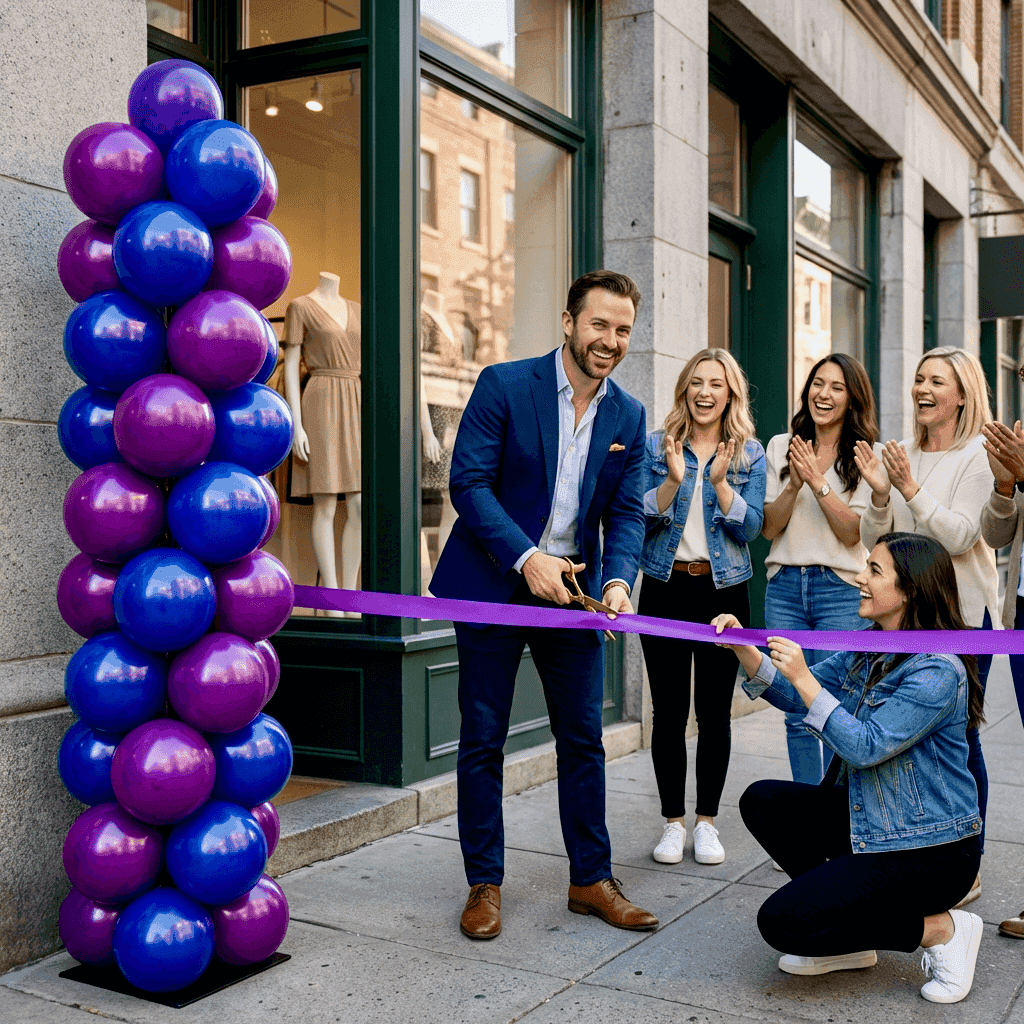 Balloon decoration in brand colours at a festive shop opening