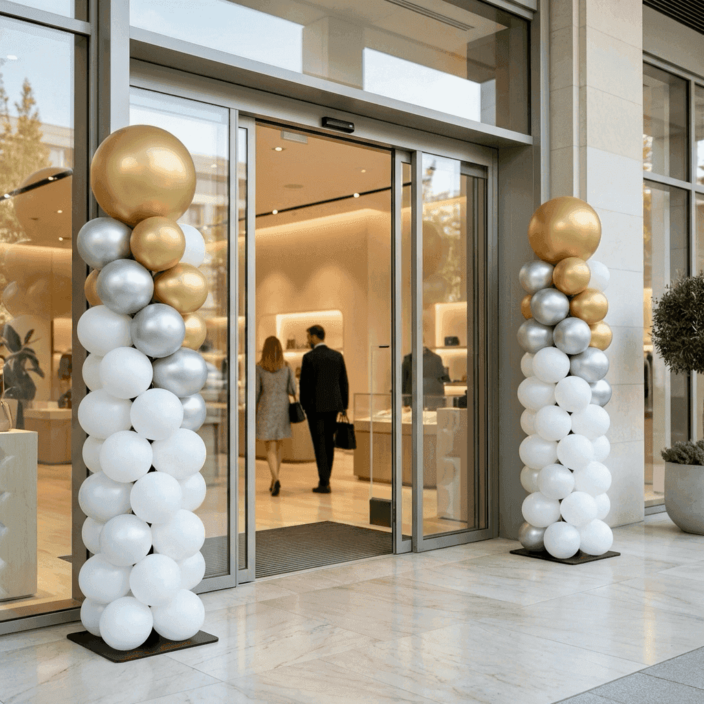Store opening with balloon pillars in brand colours