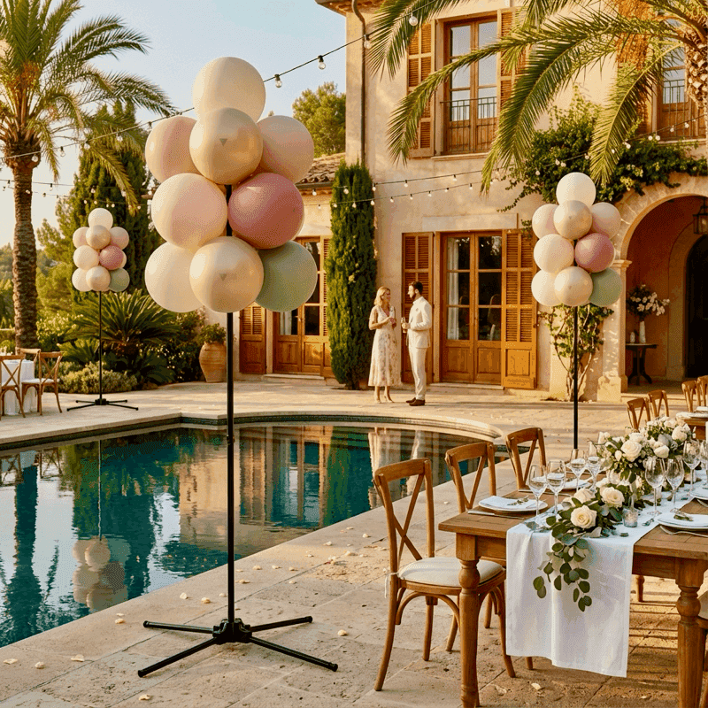 Romantic picnic setup with reusable balloon decoration on the beach at sunset, Marbella